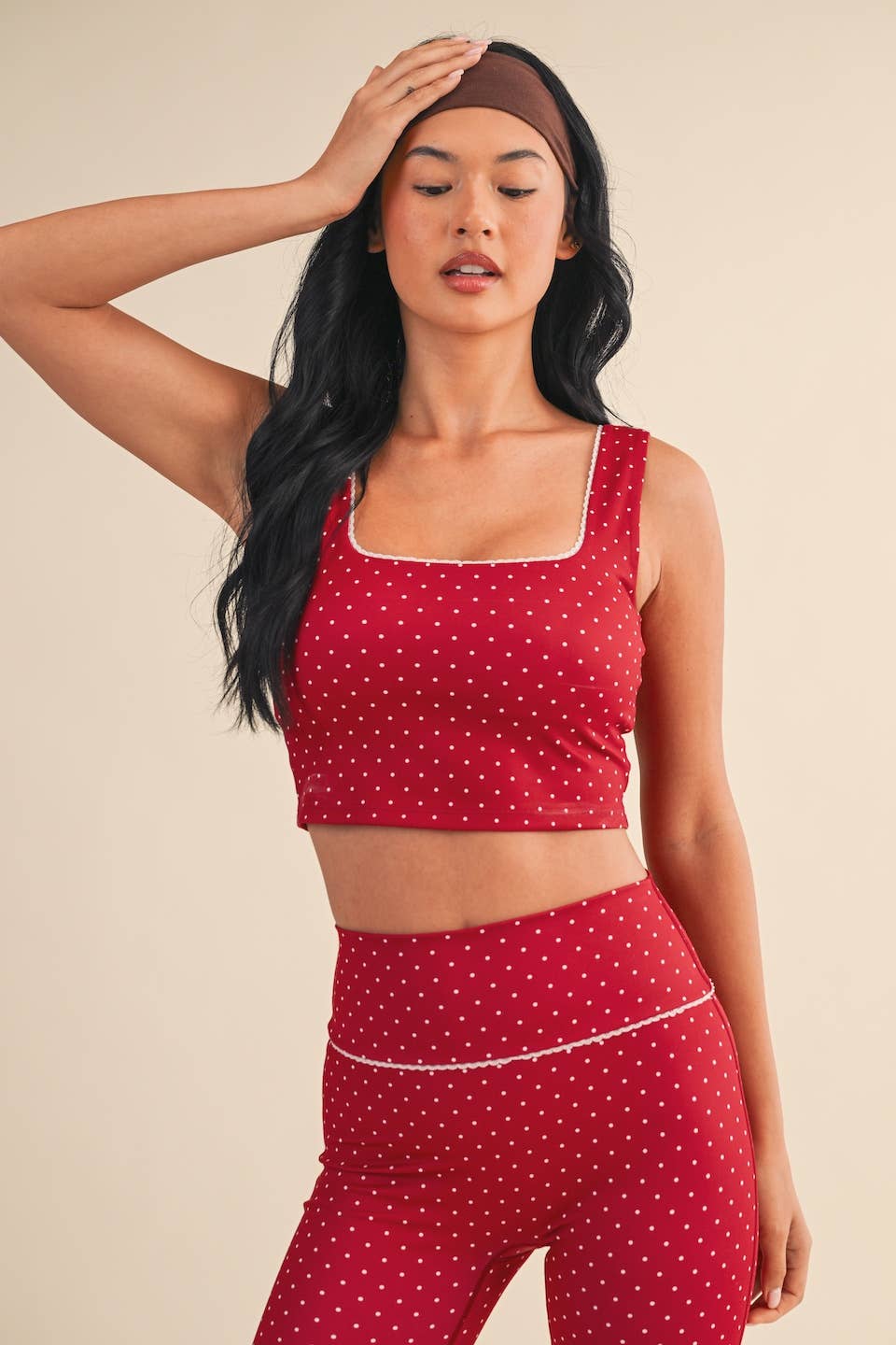 Polka Dot Print Crop Tank with Lace Trim