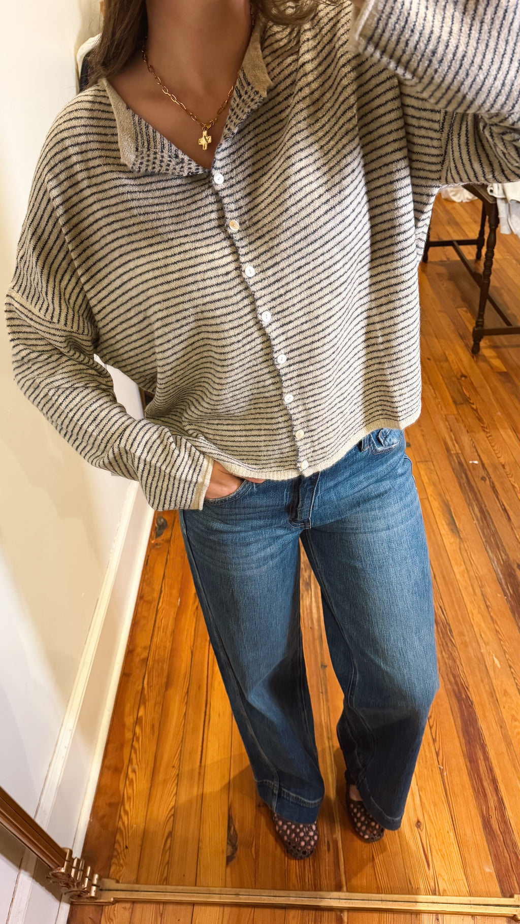 Navy and Tan Striped Cardigan