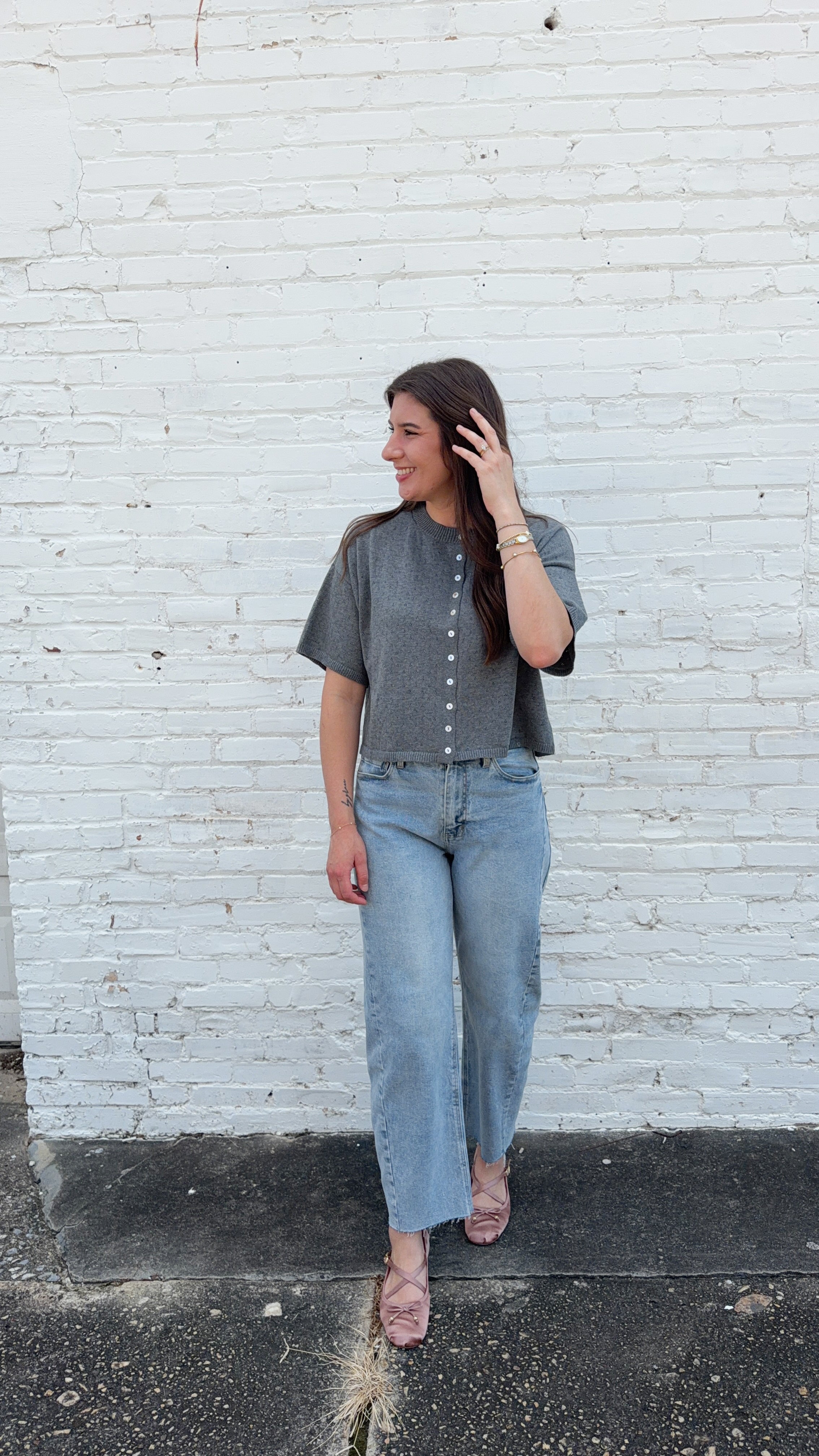 Camille Pointelle Short Sleeve Cotton Cardigan