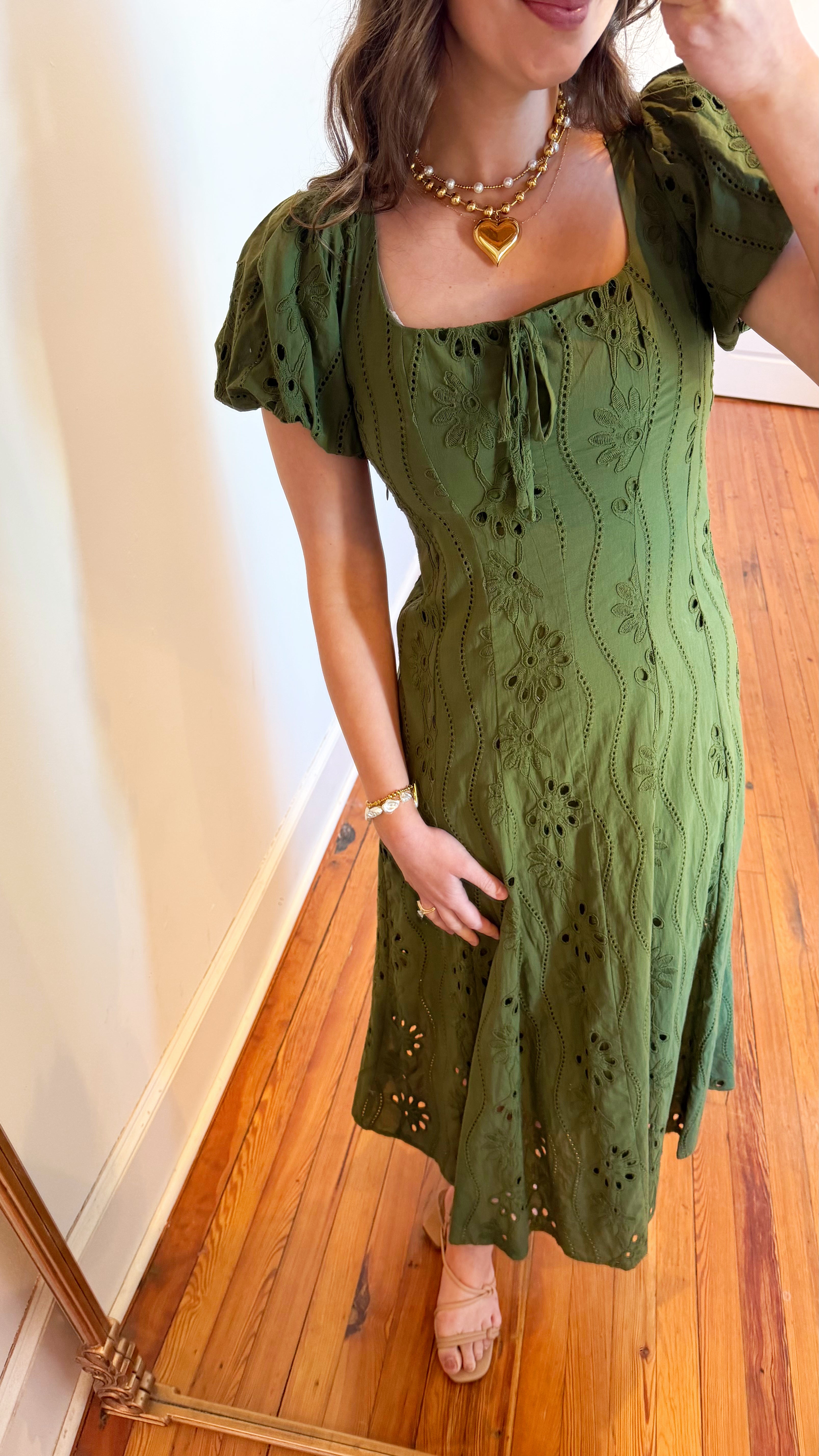 Willow Olive Green Puff Sleeve Embroidered Midi Dress