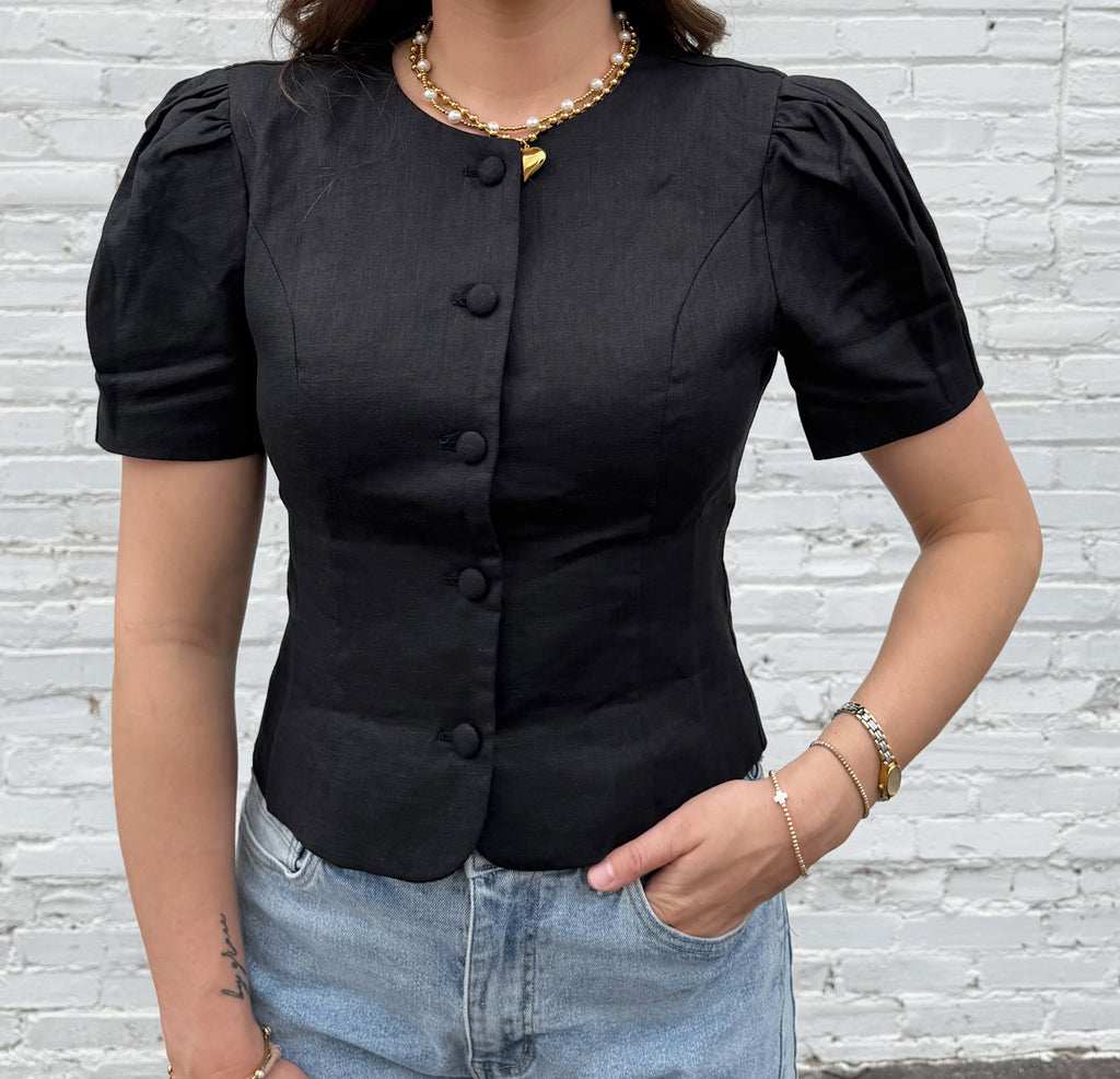 Ada Puff-Sleeve Button-Front Blouse