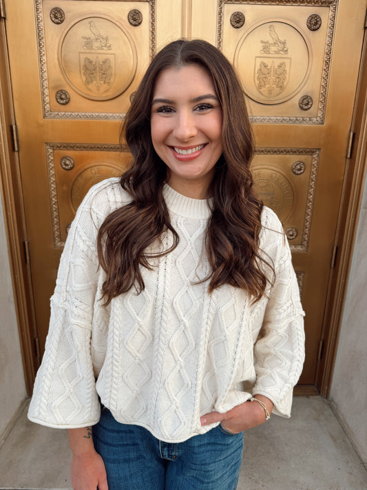 Camden Cable Knit Sweater Cotton 3/4 Sleeve Pullover