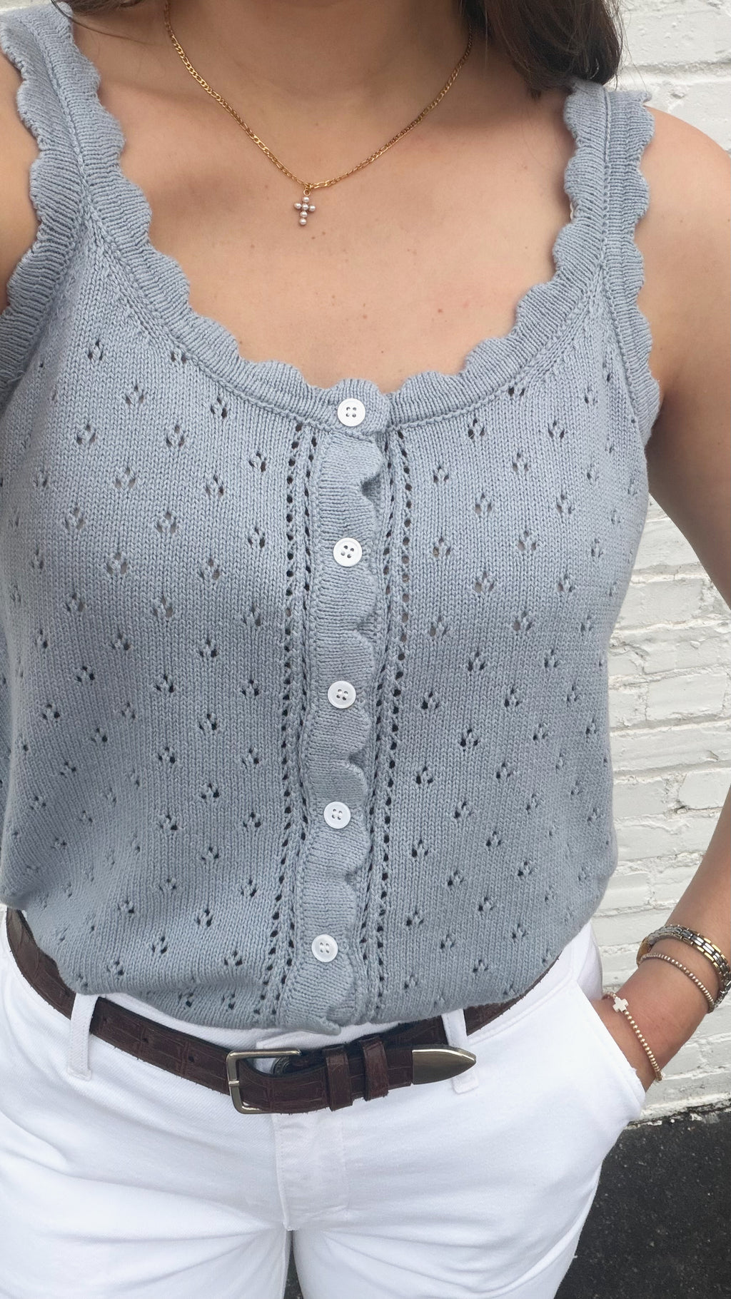 Blue Pointelle Knit Tank