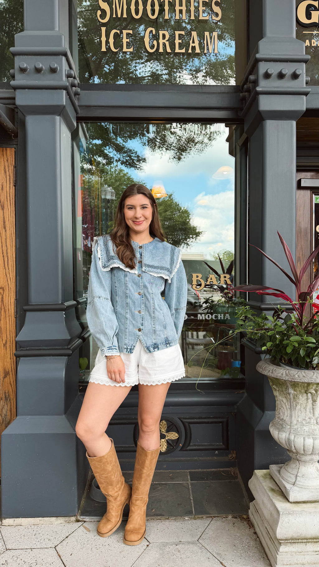 Penny Oversized Collar Lace Trim Denim Jacket