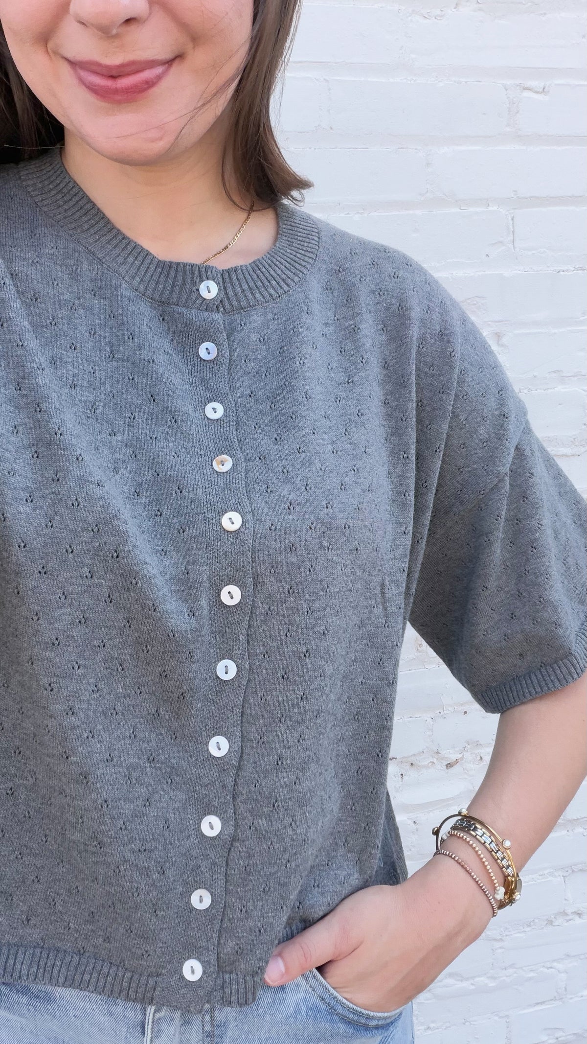 Camille Pointelle Short Sleeve Cotton Cardigan