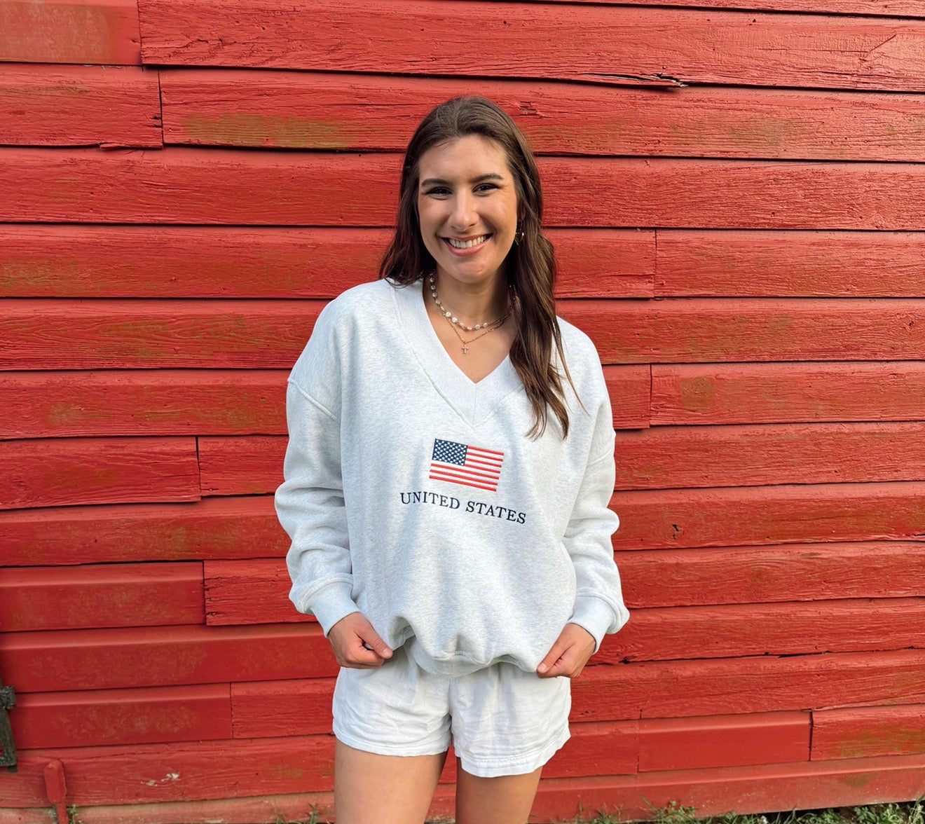 Grey United States Flag Embroidered V-Neck Sweatshirt