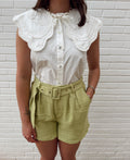 Carissa Chartreuse High Rise Belted Wide Leg Tweed Shorts