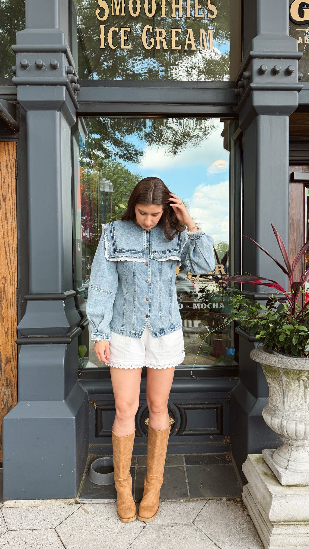 Penny Oversized Collar Lace Trim Denim Jacket