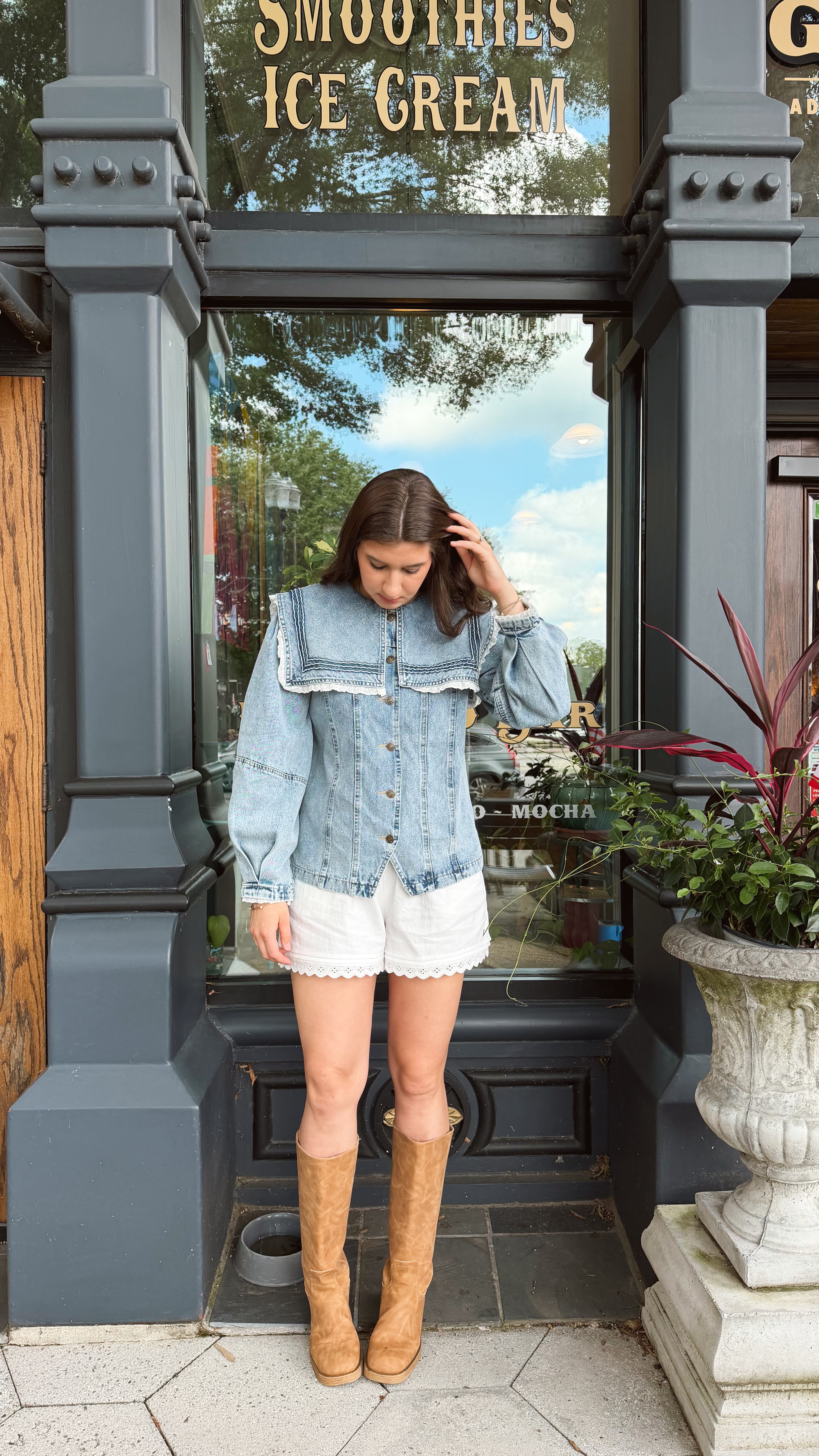 Penny Oversized Collar Lace Trim Denim Jacket