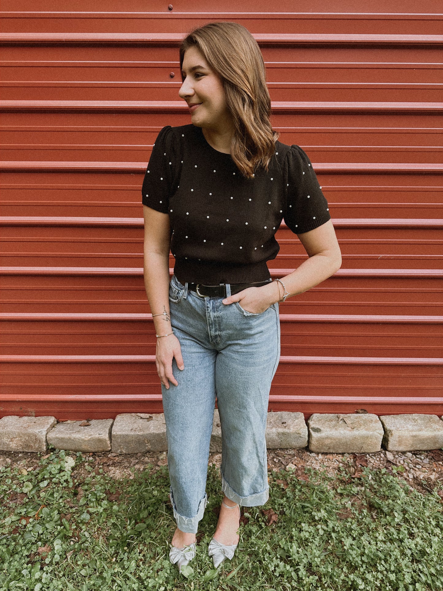 Hannah Pearl Puff Sleeve Black Sweater Top