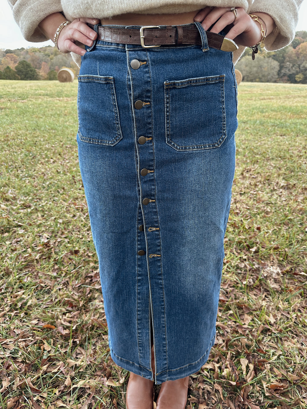 Maeve Button Down Denim Midi Skirt