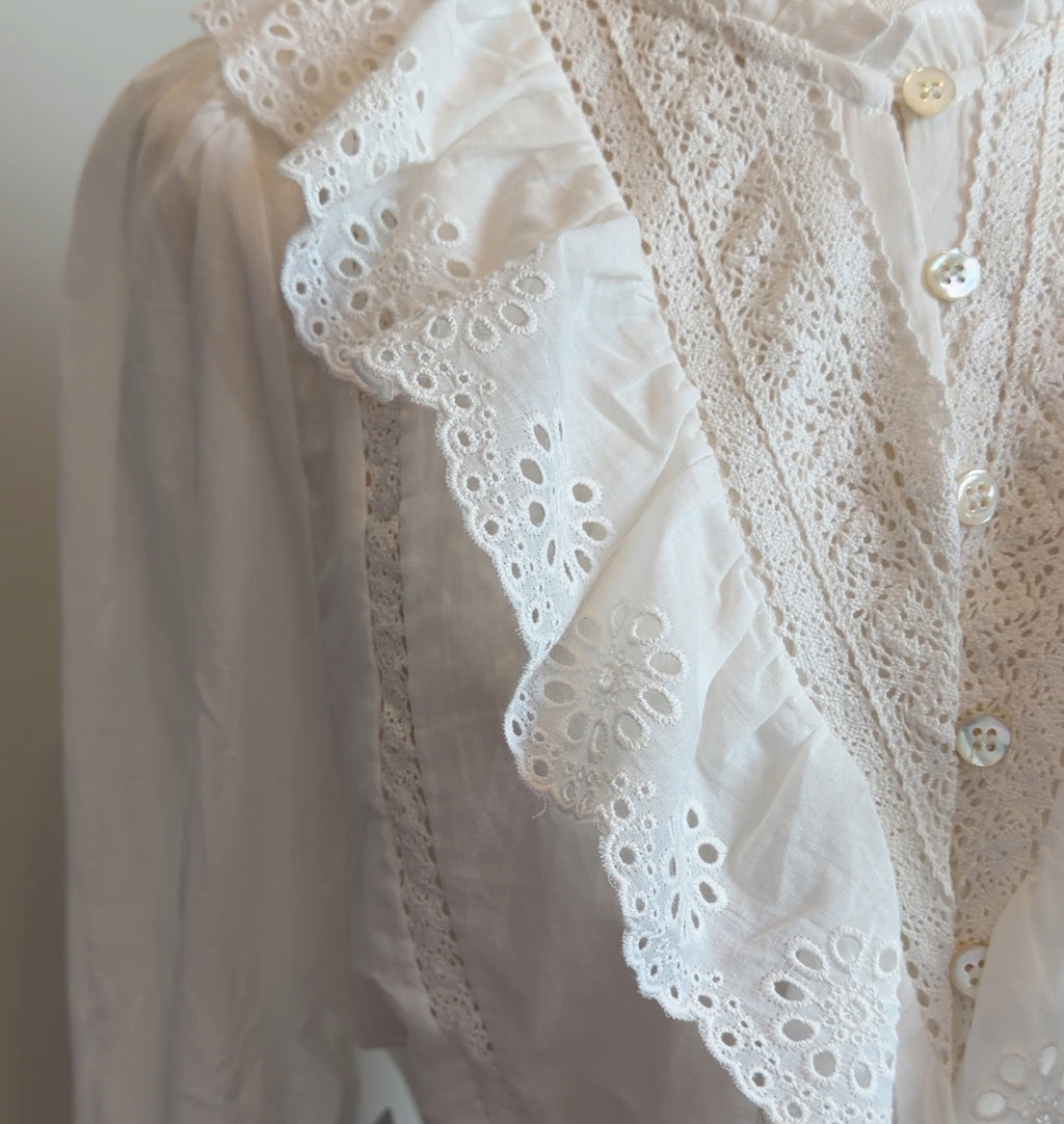 Renee Eyelet Embroidery Ruffle Lace Trim Button Down Top