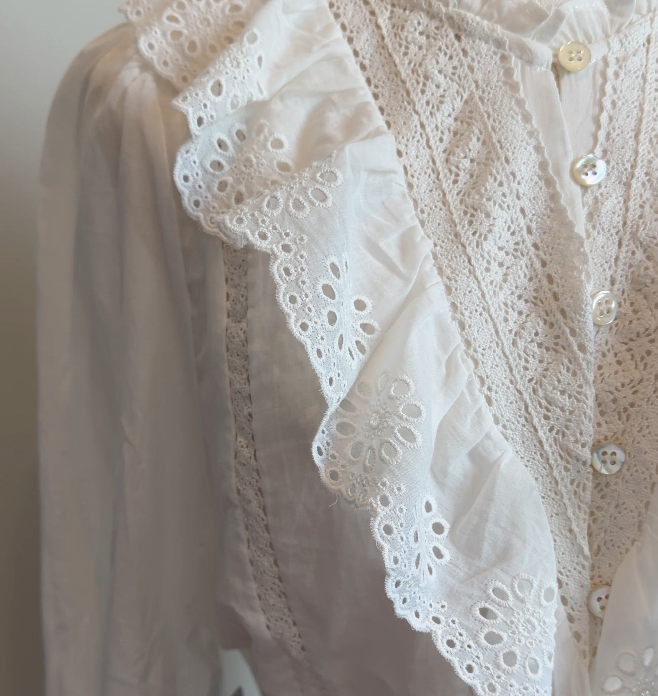 Renee Eyelet Embroidery Ruffle Lace Trim Button Down Top
