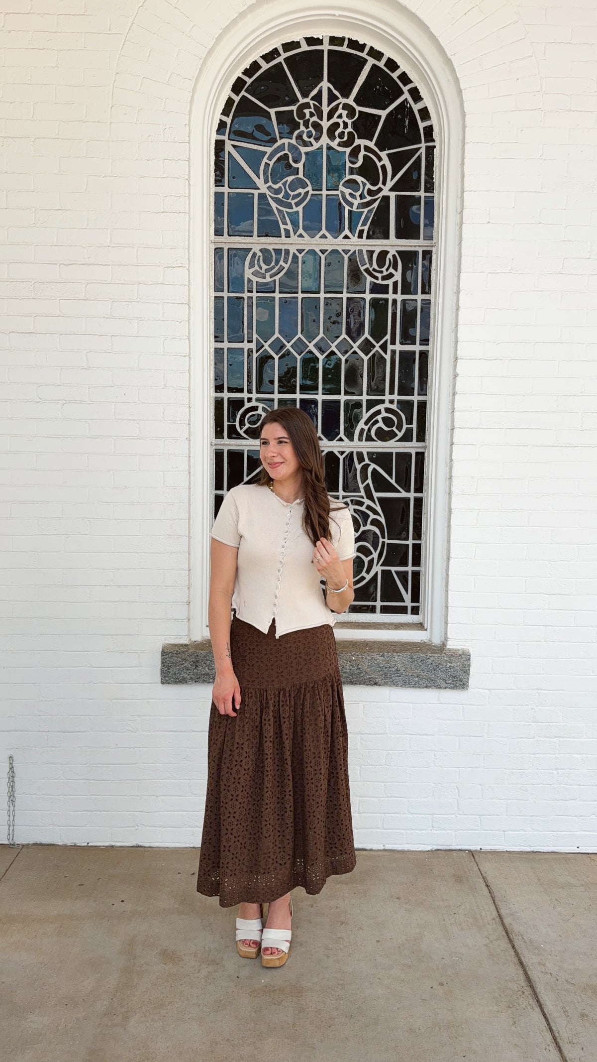 Olive Drop Waist Skirt - Chocolate Eyelet