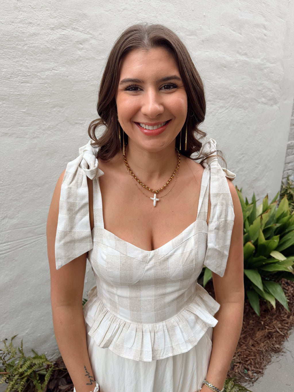 Ellery Tan Check Top With Shoulder Ties