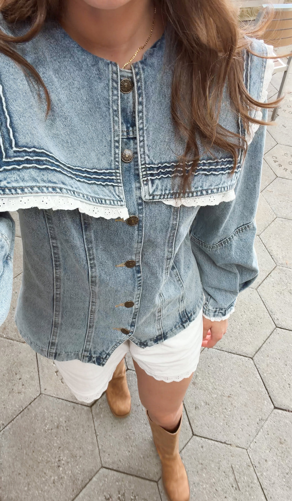 Penny Oversized Collar Lace Trim Denim Jacket