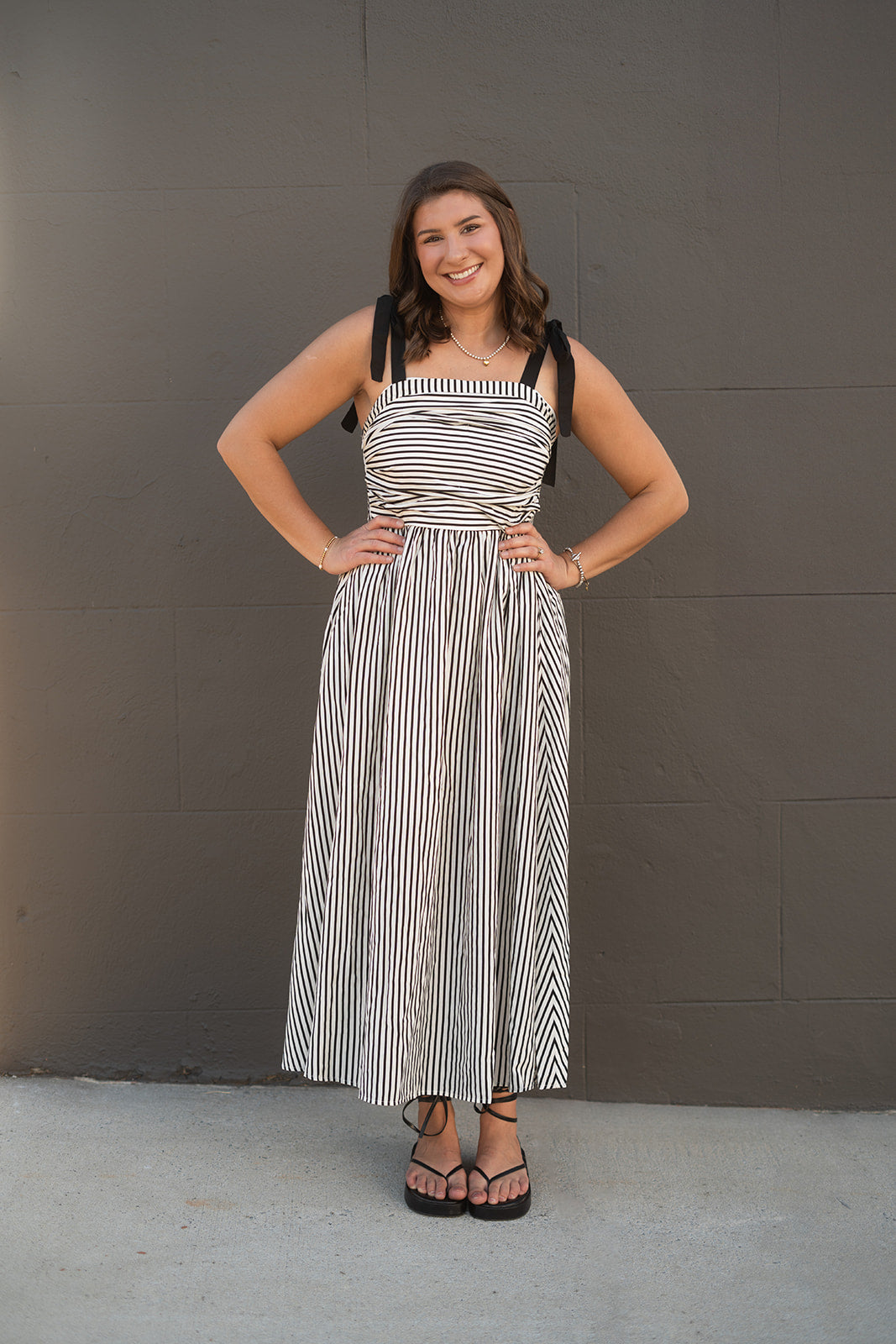 Brooklyn Black and White Striped Maxi Dress With Shoulder Tie