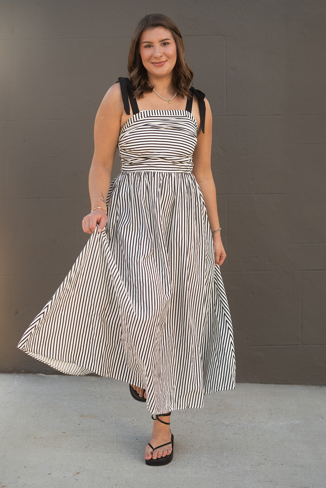 Brooklyn Black and White Striped Maxi Dress With Shoulder Tie