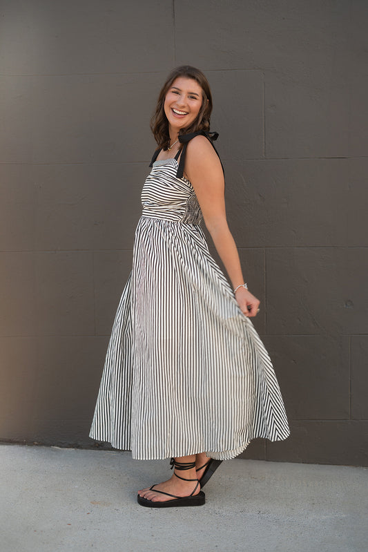 Brooklyn Black and White Striped Maxi Dress With Shoulder Tie