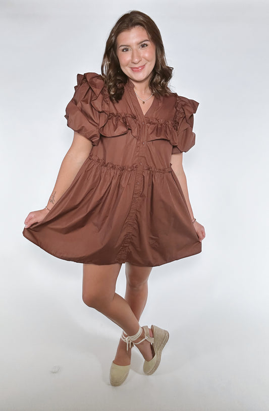 Chocolate Brown Ruffled Mini Dress