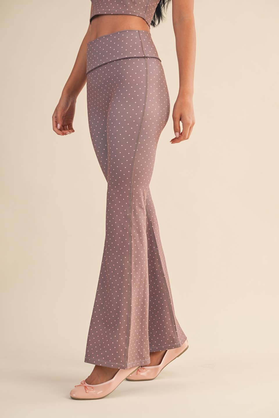 Polka Dot Print High Waist Flare Pants with Lace Trim