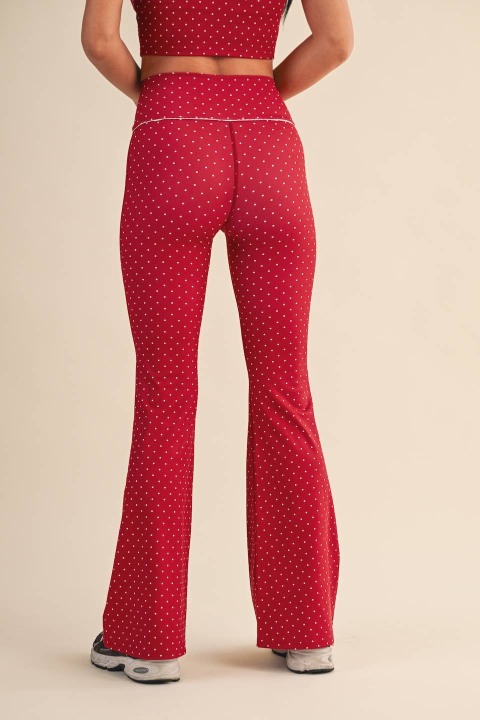 Polka Dot Print High Waist Flare Pants with Lace Trim