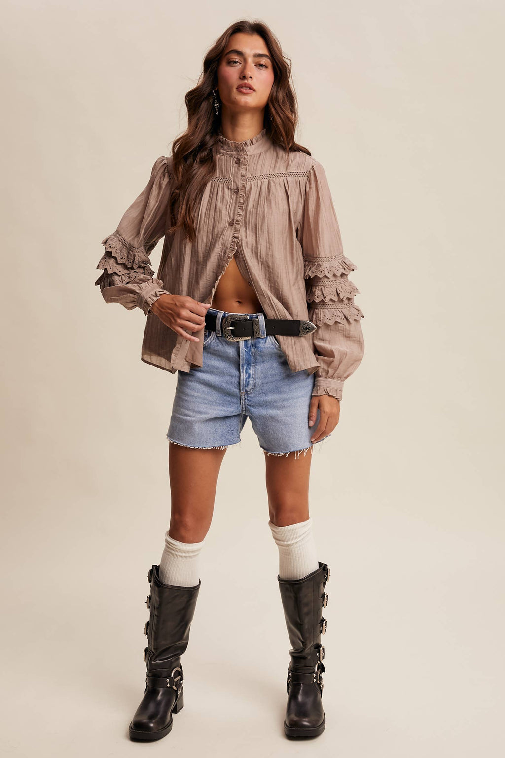Amber Lace Ruffle Sleeve Pintuck Blouse