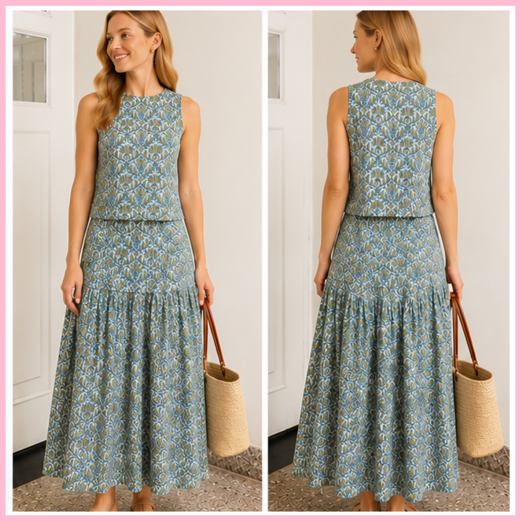Olive Drop Waist Skirt - Floral Block Print