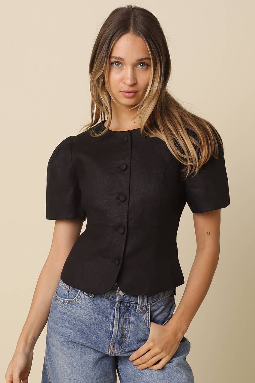 Ada Puff-Sleeve Button-Front Blouse
