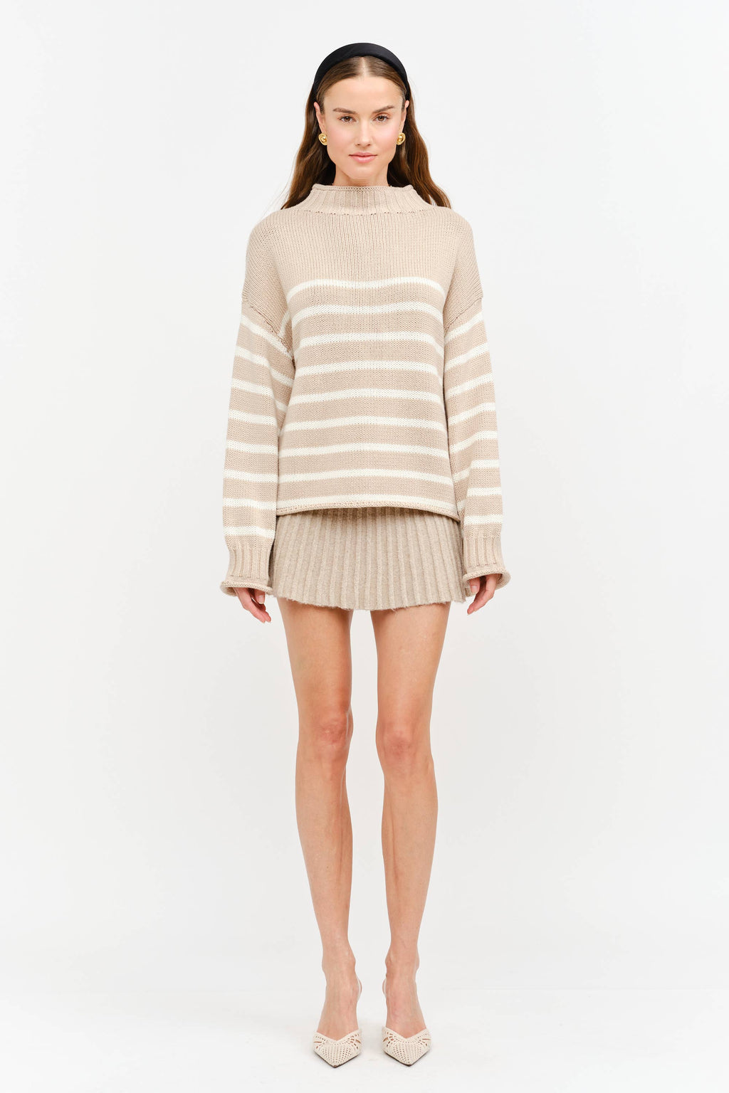 Skylar Cotton Rollneck Sweater- Tan & Cream