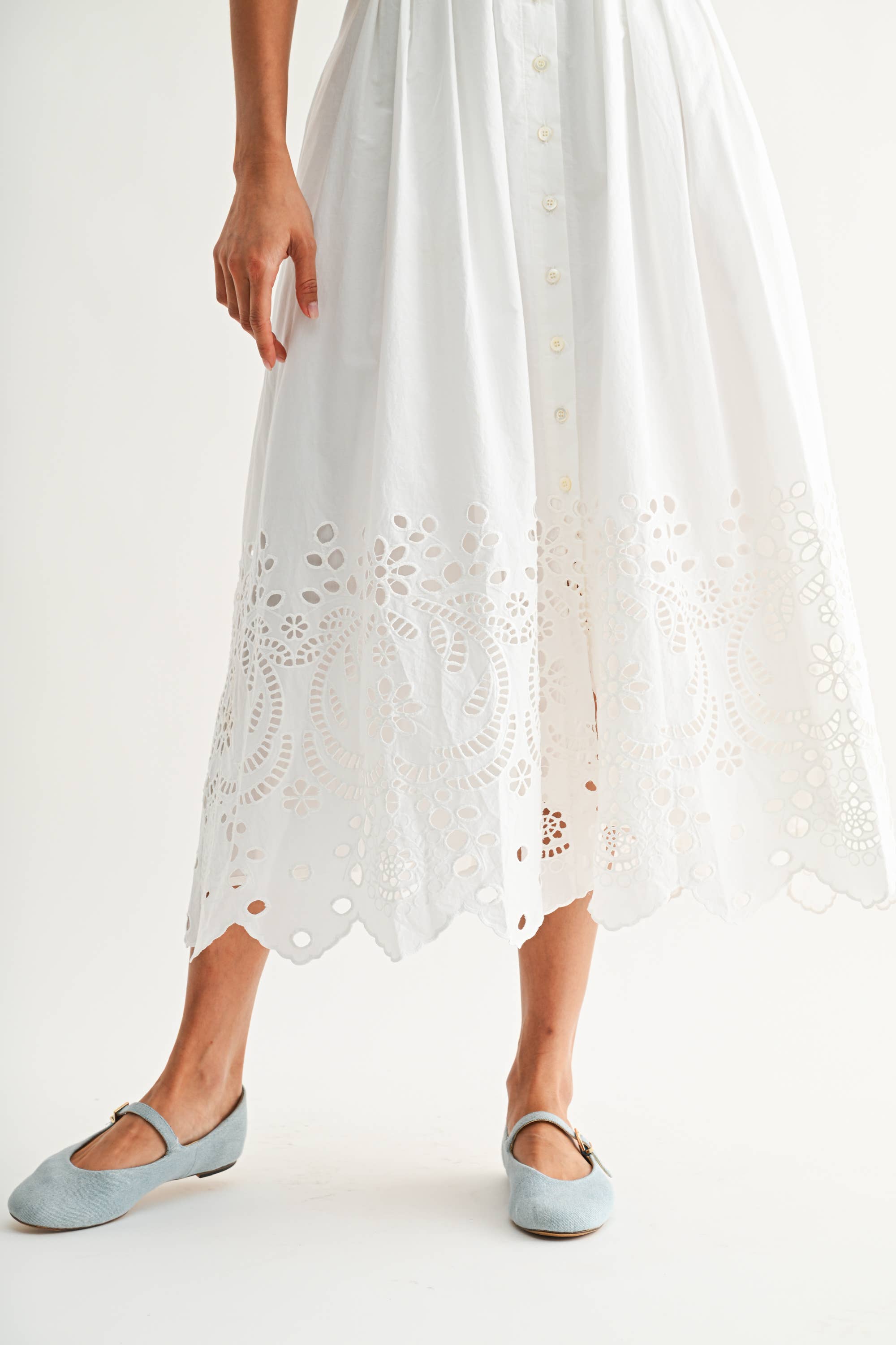 Laura Embroidered Cotton Midi Dress with Eyelet