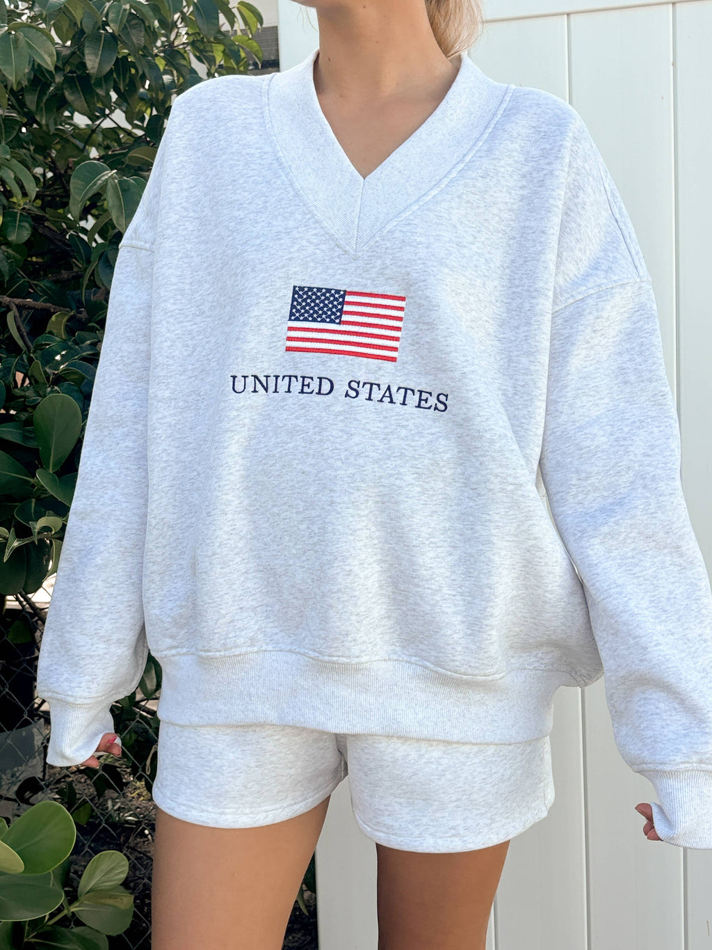 Grey United States Flag Embroidered V-Neck Sweatshirt