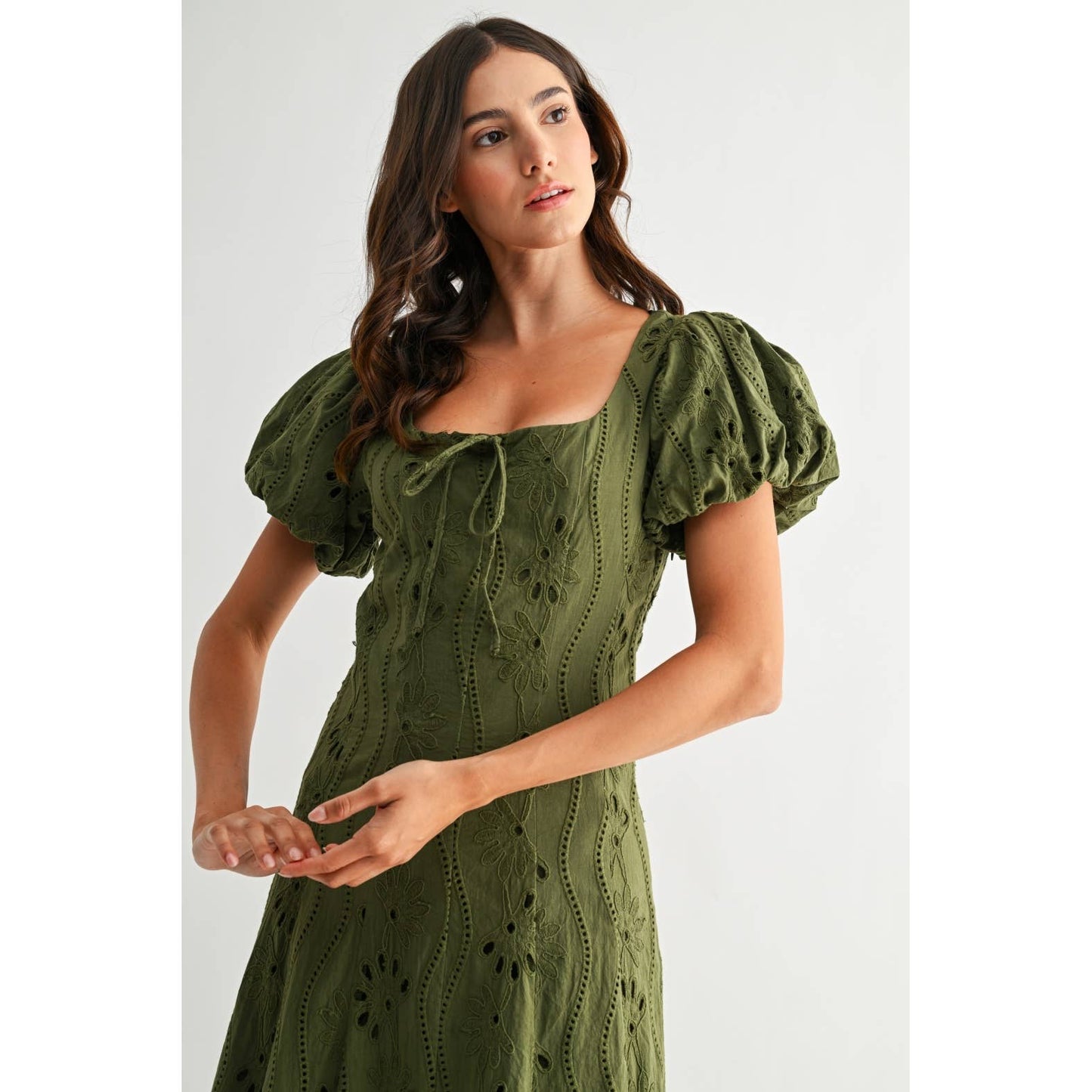 Willow Olive Green Puff Sleeve Embroidered Midi Dress