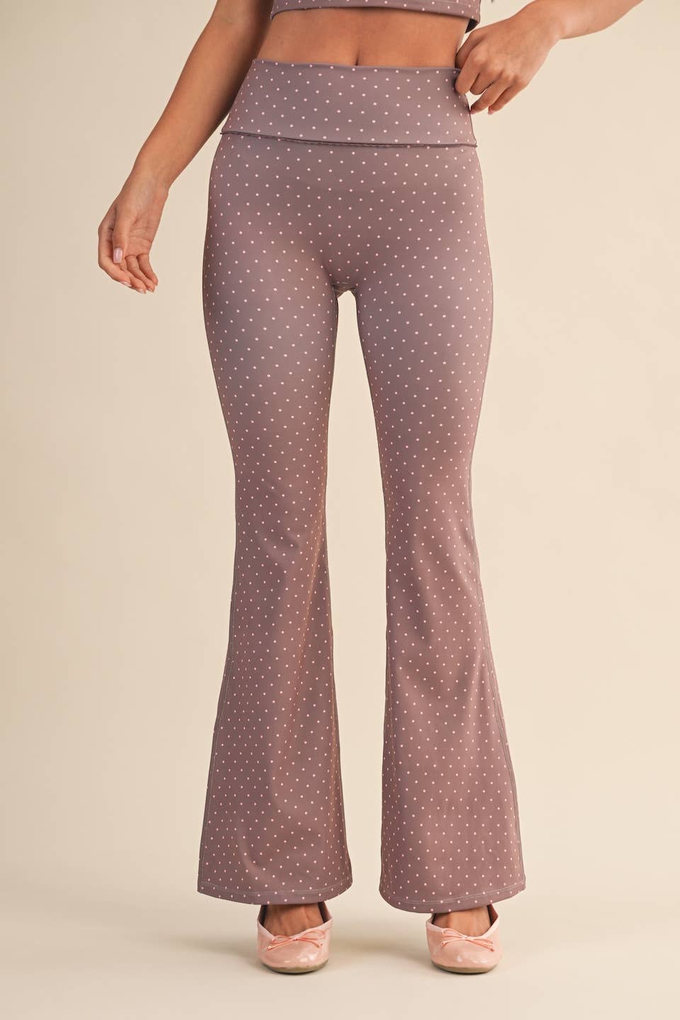 Polka Dot Print High Waist Flare Pants with Lace Trim