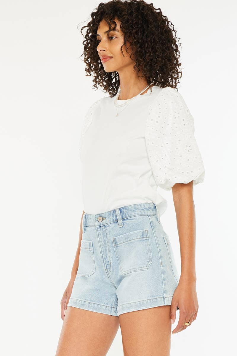 Krista Shorts- KanCanHigh Rise Front Pocket Trouser Denim Shorts- Light Wash