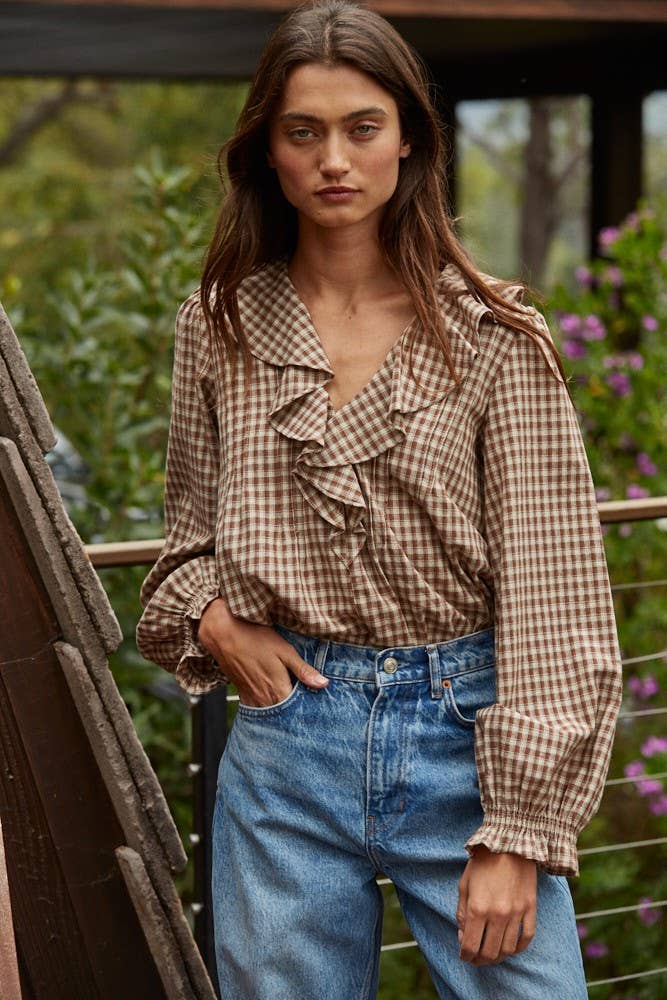 Giselle Cotton Gingham Ruffled Blouse