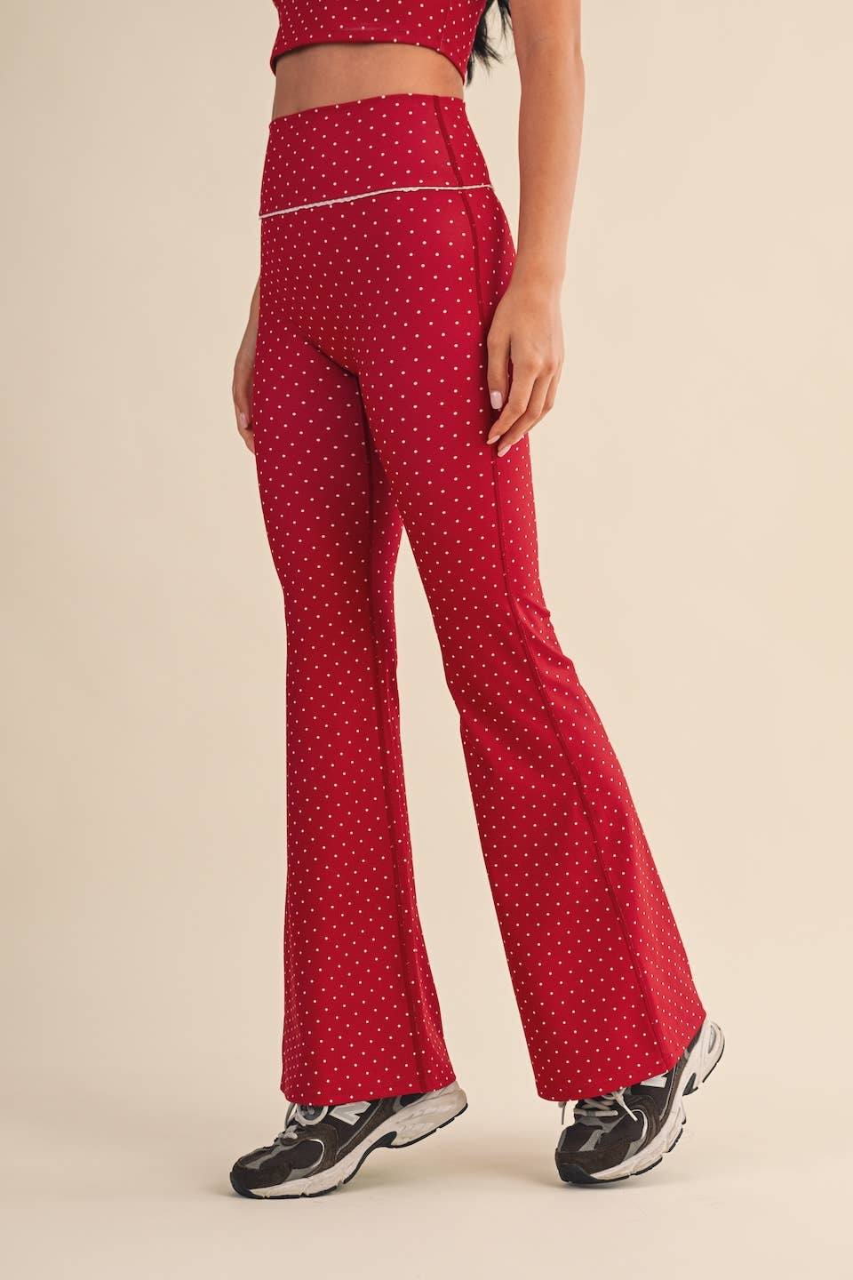 Polka Dot Print High Waist Flare Pants with Lace Trim