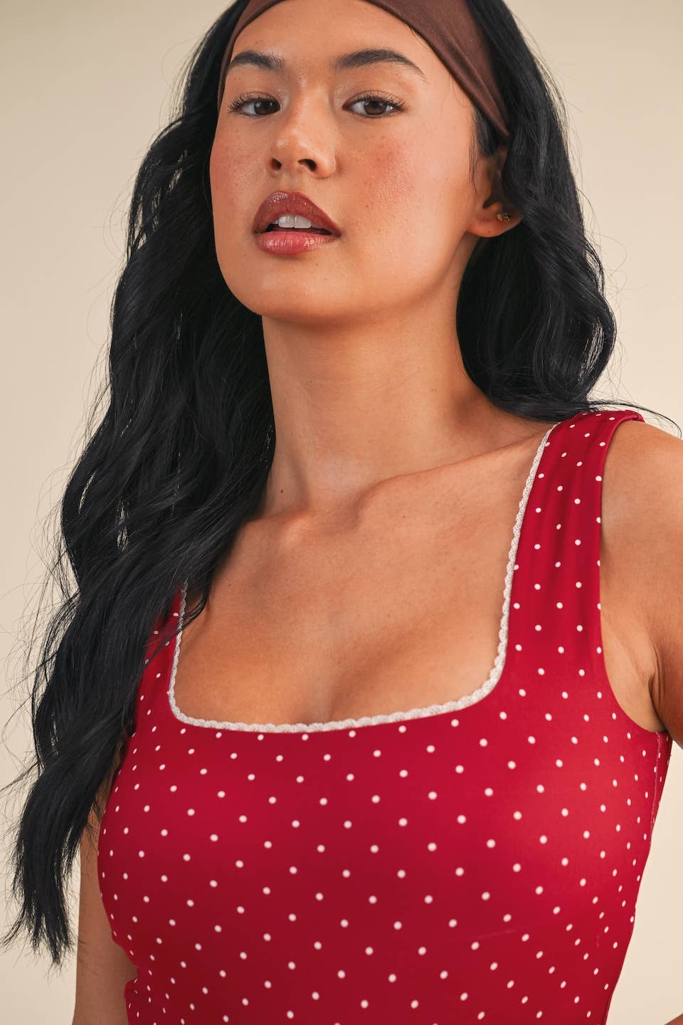Polka Dot Print Crop Tank with Lace Trim