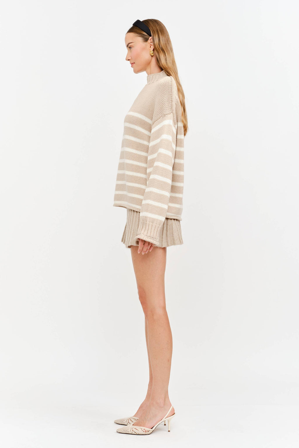 Skylar Cotton Rollneck Sweater- Tan & Cream