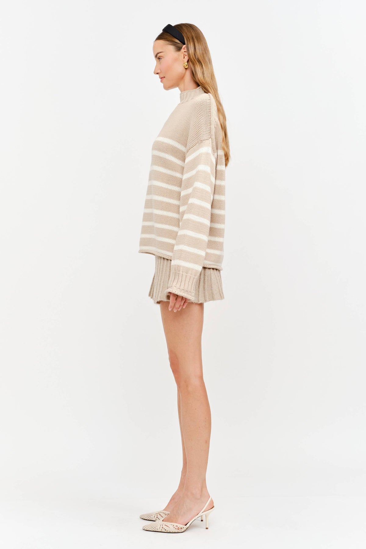 Skylar Cotton Rollneck Sweater- Tan & Cream