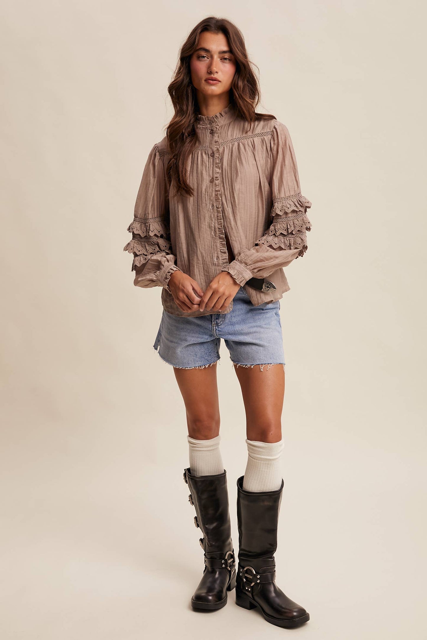 Amber Lace Ruffle Sleeve Pintuck Blouse