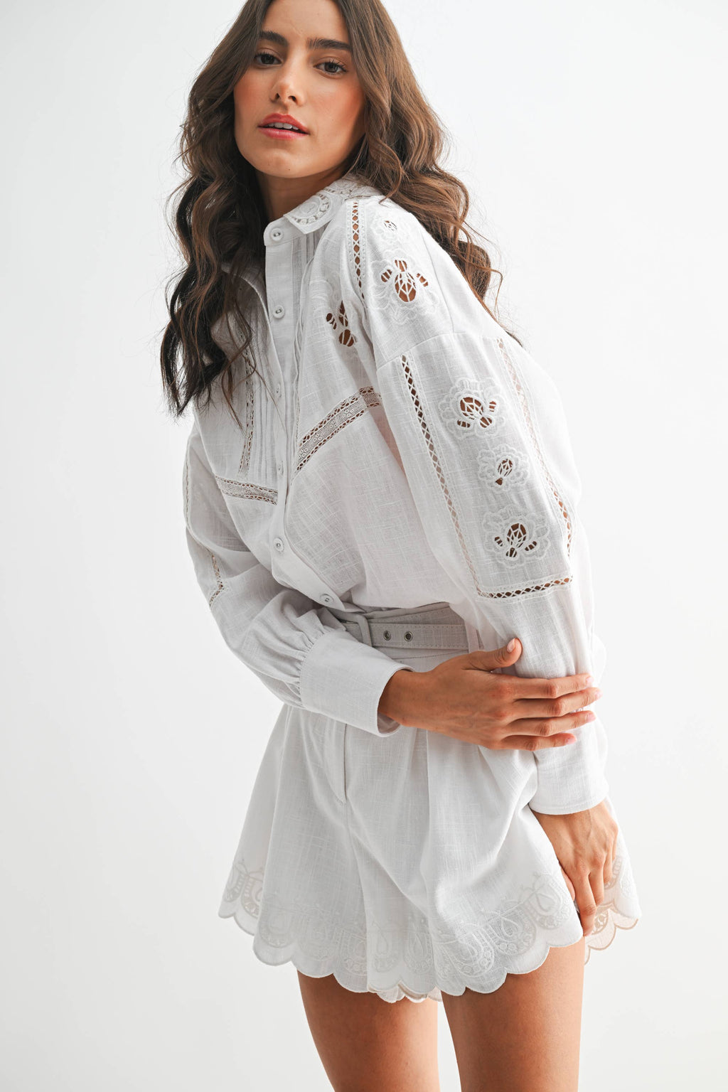 Rosemary Embroidered Linen-Blend Set With Belt