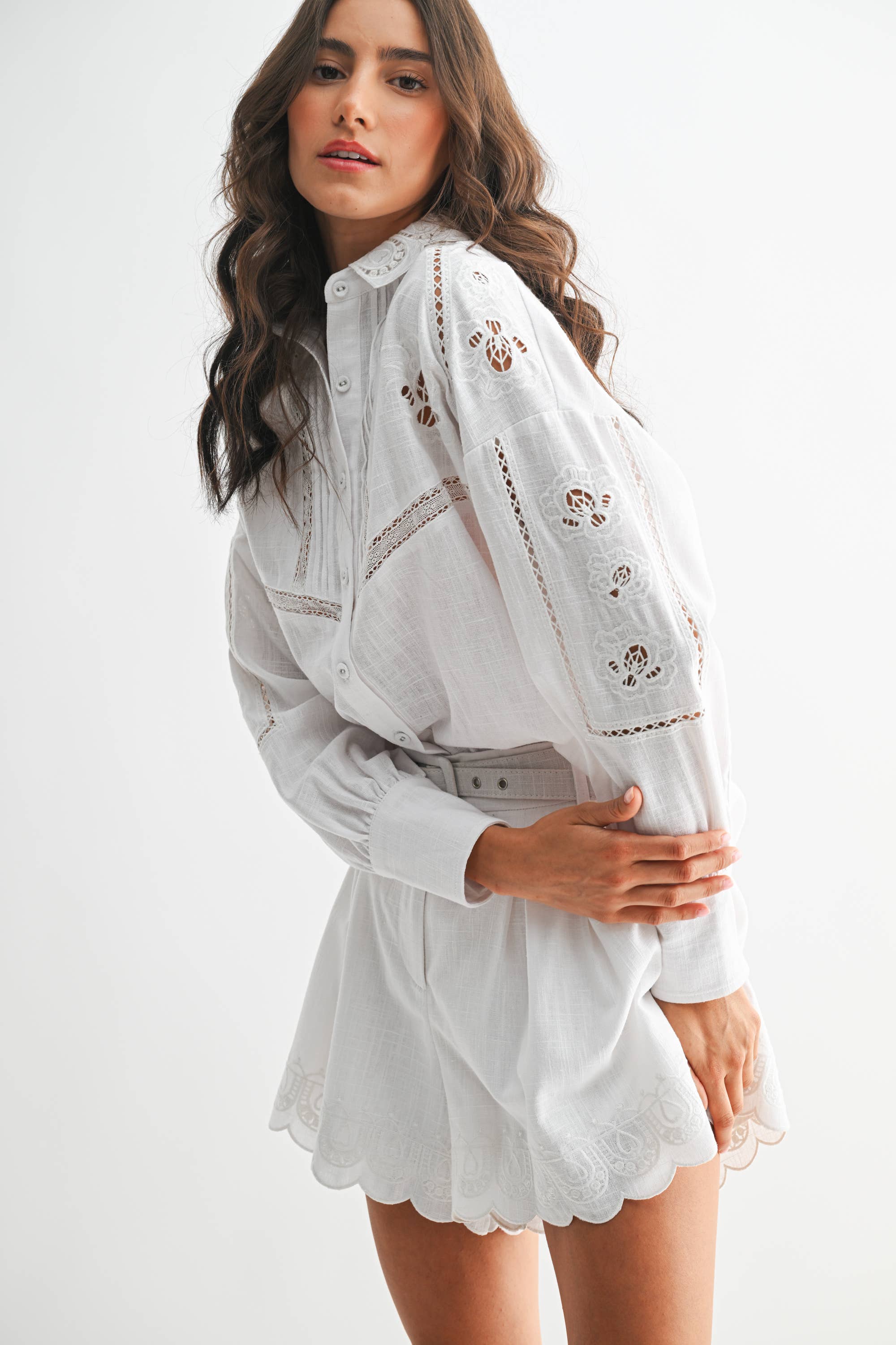 Rosemary Embroidered Linen-Blend Set With Belt