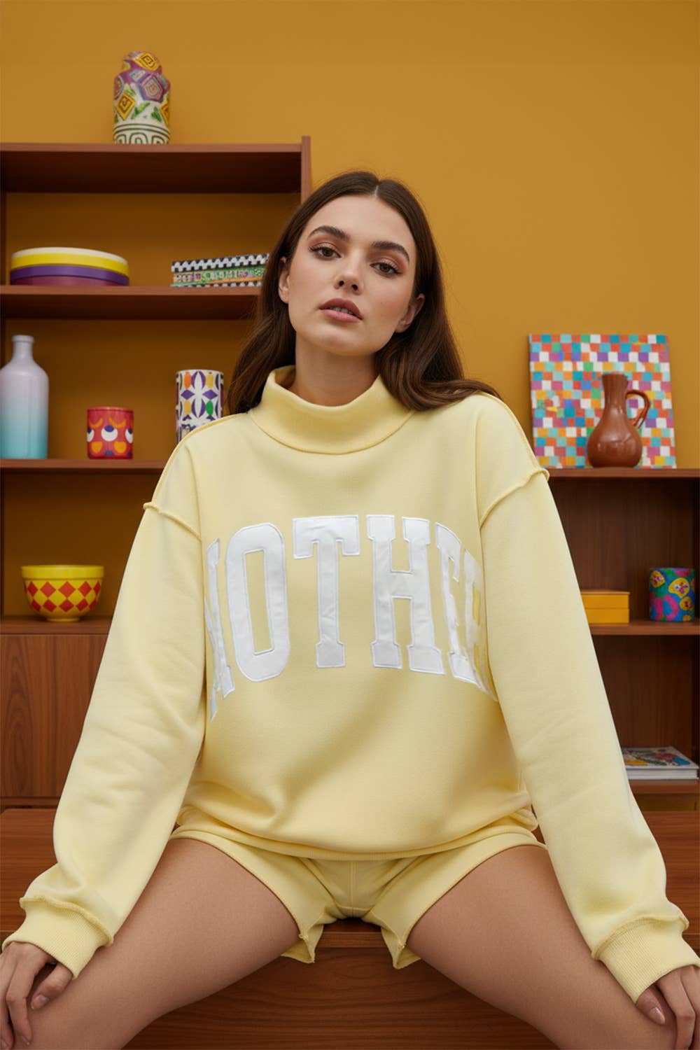Yellow MOTHER Embroidered Mock Neck Sweatshirt