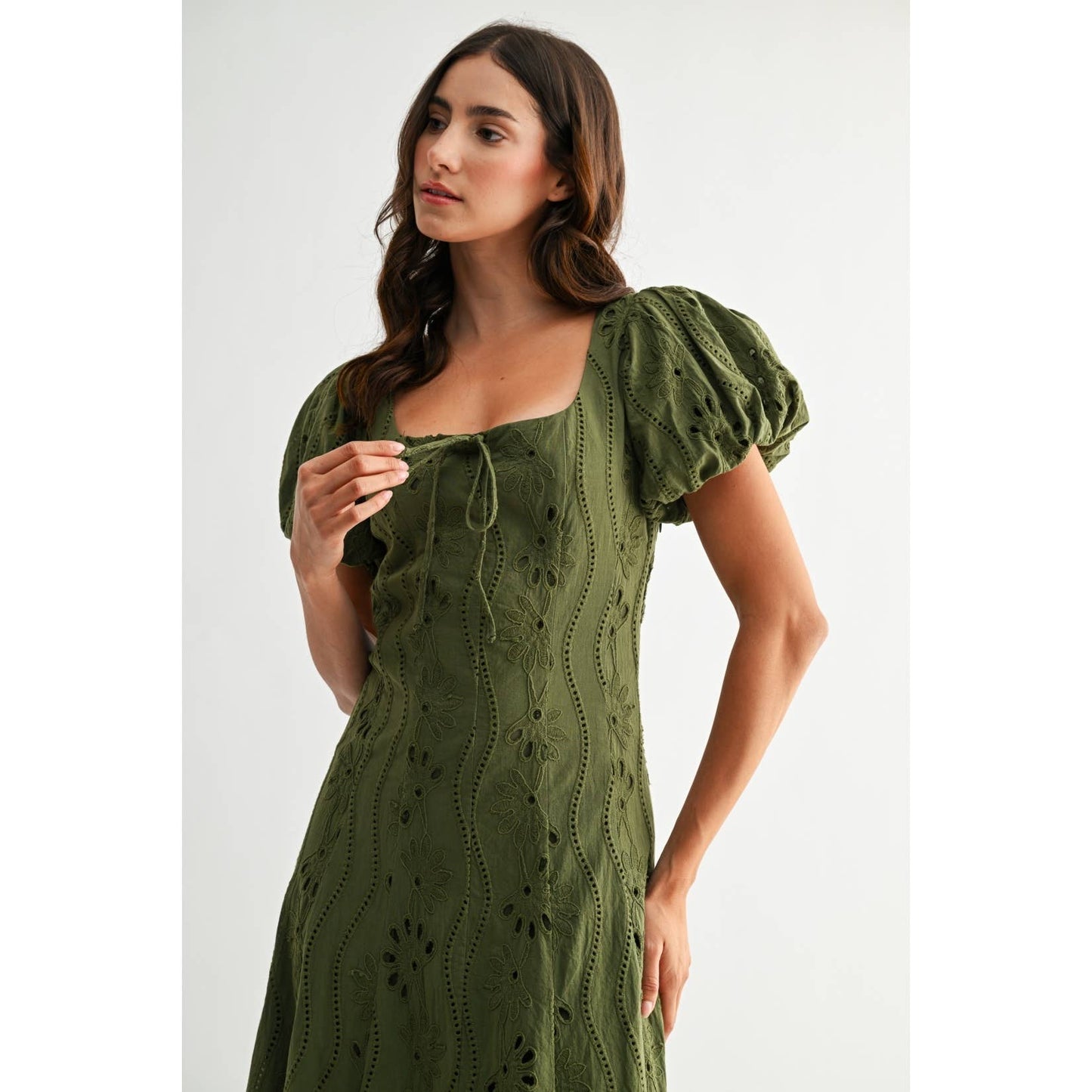 Willow Olive Green Puff Sleeve Embroidered Midi Dress