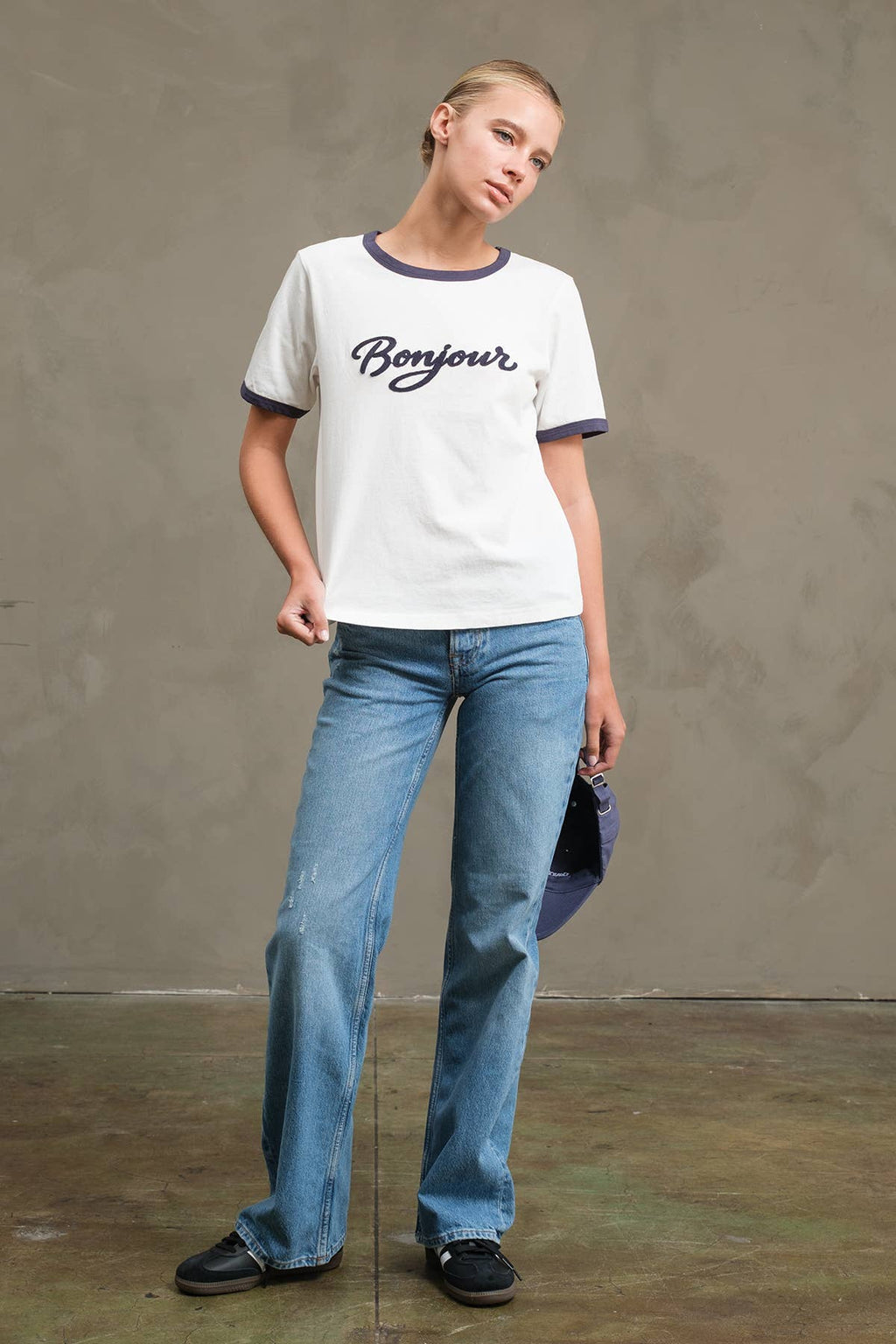 Bonjour Contrast Ringer Tee Embroidered