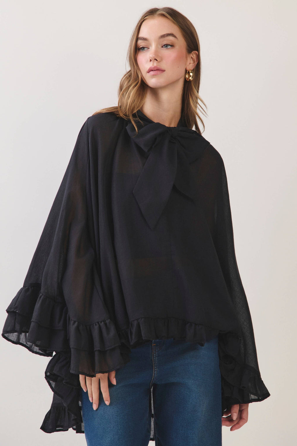 Blaire Tie Neck Ruffle Poncho Top