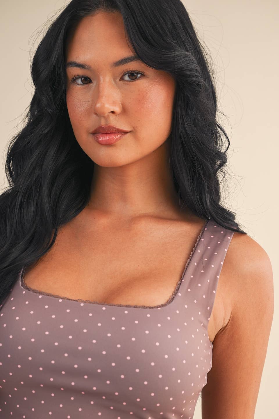 Polka Dot Print Crop Tank with Lace Trim