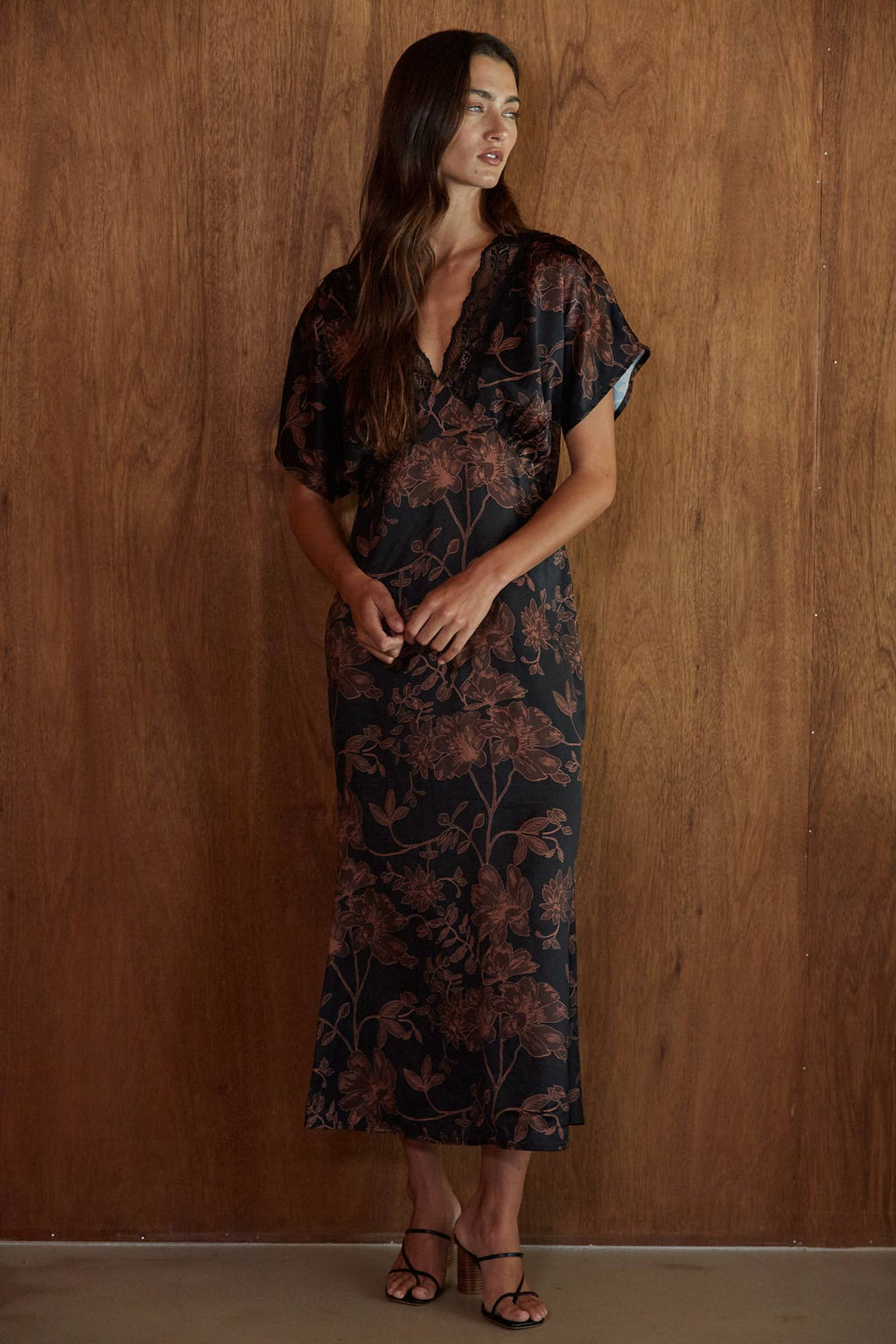 Lacey Floral Print Short Sleeve Midi- Fall Wedding Guest Dress