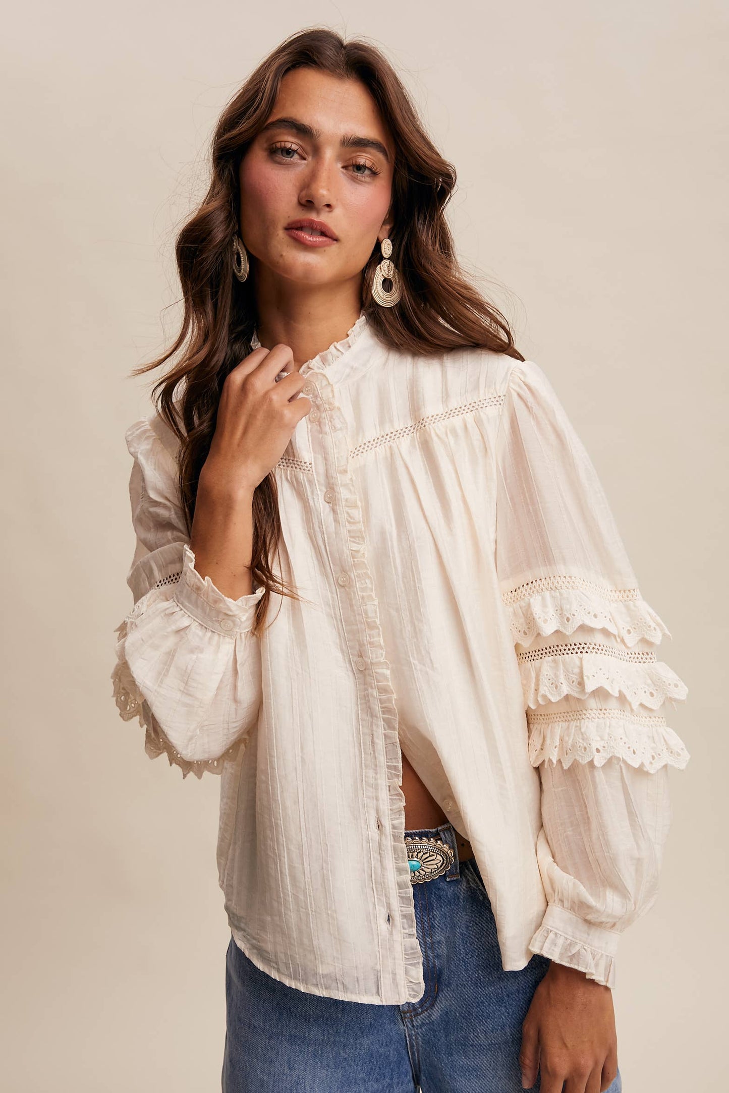 Amber Lace Ruffle Sleeve Pintuck Blouse